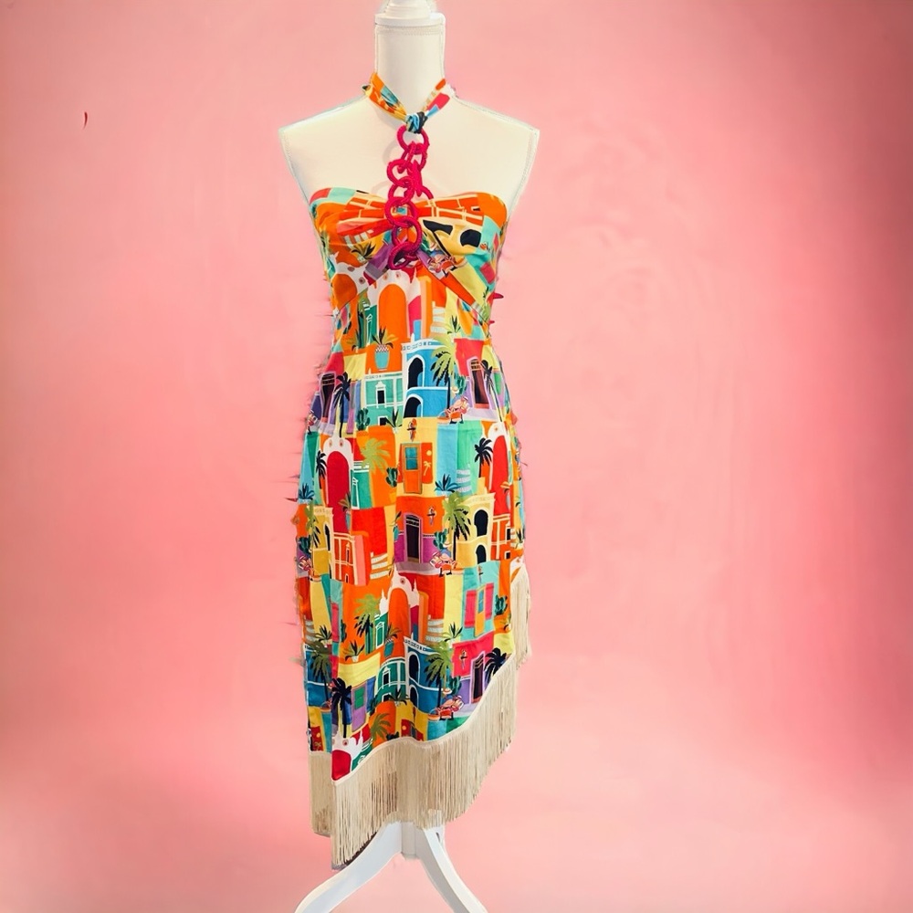 Alden Adair‎ Shoshana Dress in Casablanca Medium Halter Fringe Bright Sundress